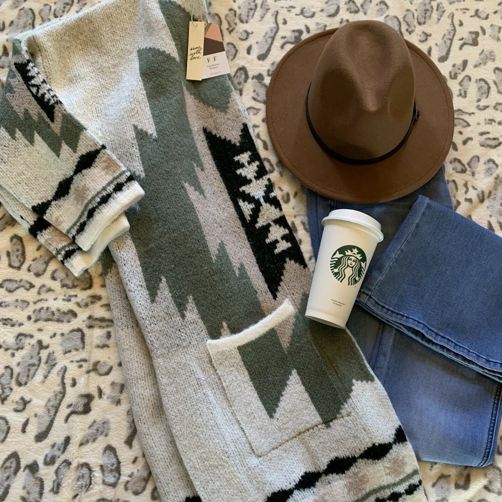 Native Print Cowichan Blanket Cardigan Sweater